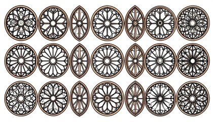 Fototapeta premium A collection of meticulously rendered, stylized window designs. Features ornate, geometric patterns and symmetrical arrangements in various circular and elongated shapes