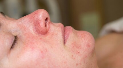 Fototapeta premium Close up woman face showing redness and rosacea symptoms. Represents skin irritation, sensitivity, and dermatological issues. Suitable for medical, beauty, or skincare educational content.