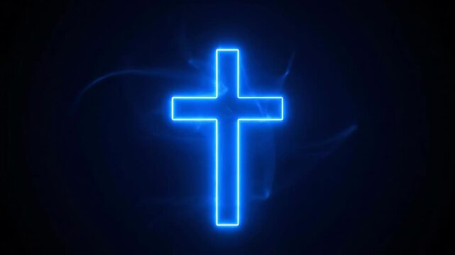 Luminous blue christian cross glowing with electric energy on a black background. A modern symbol of faith and spirituality for worship. Abstract religious banner for easter events