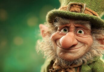 Fototapeta premium Whimsical leprechaun with green eyes, bushy white beard, textured green hat with brown buckle. Cheerful, mischievous expression. Digital 3D render, soft green bokeh background.