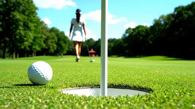 Golf ball near hole with golfer walking on sunny course
