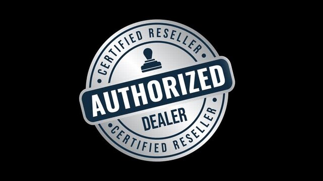4K Animated silver seal of Authorized Dealer and Certified Reseller with glossy metallic reflection on transparent background with alpha channel.