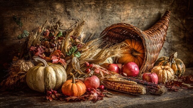 Abundant harvest arrangement overflows from a woven horn of plenty against a rustic wood background