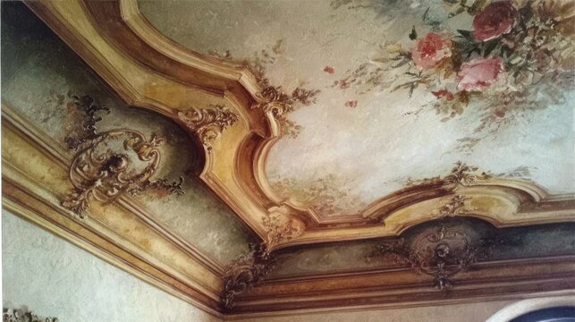 Ornate architectural ceiling features hand-painted floral murals and decorative plasterwork moldings