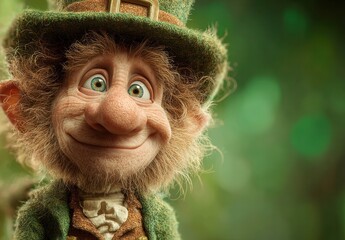 Fototapeta premium Cheerful leprechaun with curly red hair, green eyes, wide grin, green hat with gold buckle, green coat over brown vest, soft focus green forest backdrop.