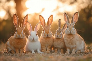 Obraz premium Five rabbits, including one white, sit alertly in a row on dry grass, bathed in warm backlighting from a setting sun, creating soft bokeh in the blurred forest background.