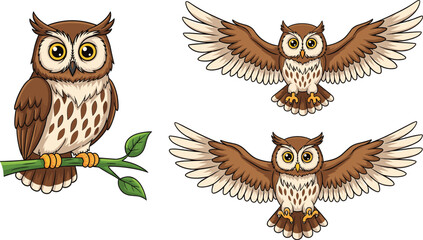 Set of cute cartoon owl characters featuring a brown owl sitting on a tree branch and two owls flying with open wings spread wide. © Arman