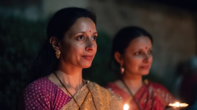 Two women in ornate Indian attire hold lit lamps, faces softly lit against a dark blur. Bindis, gold jewelry, serene gazes. Shallow depth of field highlights foreground, second softly out of focus beh