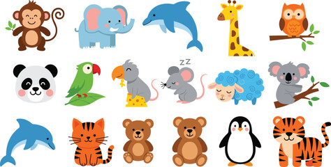 Fototapeta premium Cute baby animal collection featuring monkey elephant dolphin giraffe owl panda parrot mouse sheep koala cat bear penguin and tiger illustrations for kids nursery decor.