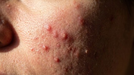 Fototapeta premium Close-up view of facial skin affected by acne and inflammation. Highlighting dermatological issues and skin texture. Ideal for medical articles, skincare blogs, and beauty health campaigns.