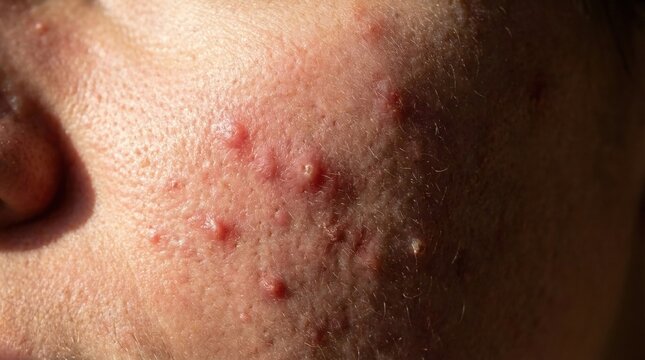 Close-up view of facial skin affected by acne and inflammation. Highlighting dermatological issues and skin texture. Ideal for medical articles, skincare blogs, and beauty health campaigns.
