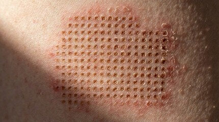 Fototapeta premium Close up of human skin with grid marks from fractional laser treatment. Depicts healing process and skin sensitivity. Ideal for dermatology and aesthetic medicine content.
