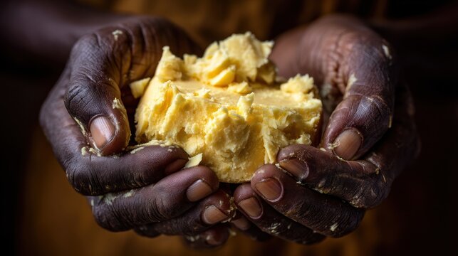 Close-up of dark hands holding a chunk of raw yellow shea butter. Represents natural skincare and traditional beauty secrets. Ideal for organic cosmetic branding and moisturizing products.