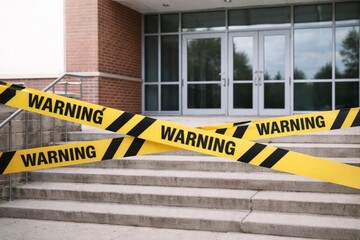 Warning tape crossing stairs near building entrance, showing a potential incident © dvoevnore