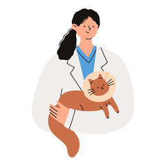 Female veterinarian holding cat wearing protective collar. Modern veterinary healthcare service concept for pet hospital branding, website design, and medical advertising. Flat vector illustration.