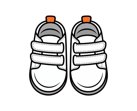 A minimalist vector illustration of a pair of baby sneakers with velcro straps and orange accents