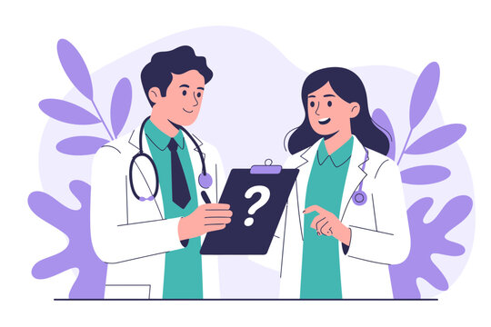 A vector graphic illustration of a male and female doctor discussing a medical case with a question mark on a clipboard