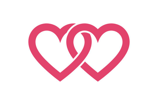 A minimalist vector graphic of two intertwined pink hearts on a white background
