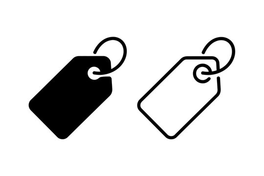 A minimalist vector graphic of two blank price tags with rings, one in solid black and the other in line art style on a white background