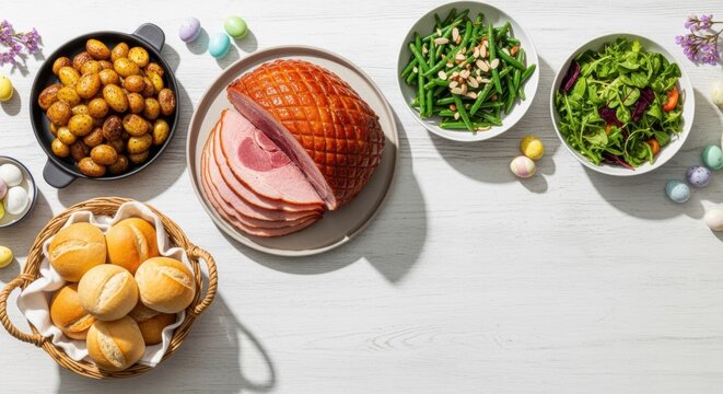 easter feast with glazed ham, roasted potatoes, and fresh salad on a white table
