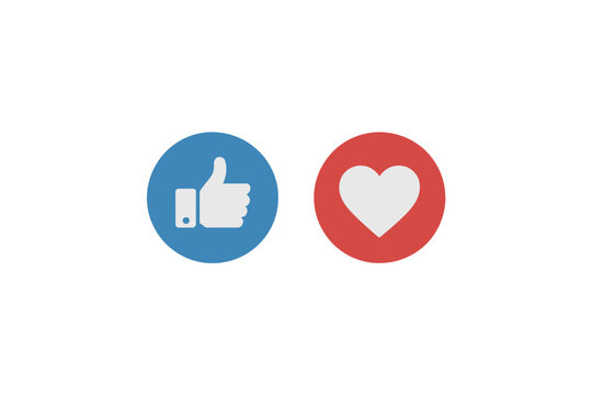 A vector graphic illustration of social media like and love icons in blue and red circles