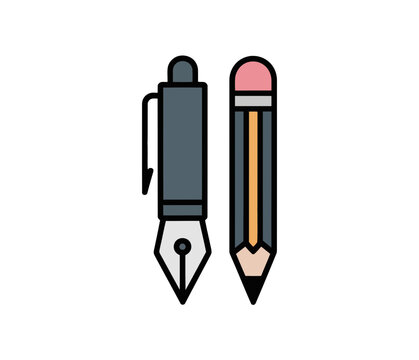 A colorful vector illustration of a fountain pen and pencil standing side by side on a white background