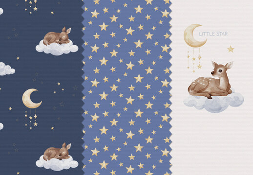 Watercolor night sky seamless pattern set with cute baby deer on clouds, editable psdt template. Moon and stars nursery wallpaper background with isolated illustration element