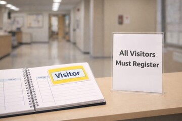 Visitor registration book and sign in school college lobby, focus on safety © dvoevnore