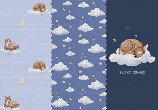 Watercolor night sky seamless pattern set with sleeping deer and clouds, editable psdt template. Moon and stars baby nursery wallpaper background with isolated illustration