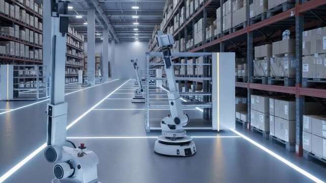 Robotic arms in industrial warehouse setting with automated logistics
