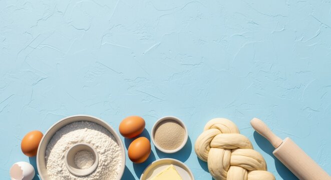 baking ingredients and dough on blue background evoking homemade bread preparation