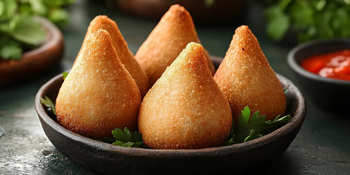 Brazilian fried coxinhas in dish on the table