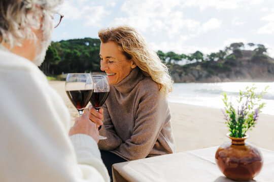 Couple toasting red wine on beach date