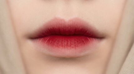 Fototapeta premium Close up female lips with soft red gradient lipstick. Trendy Korean beauty look emphasizing delicate and vibrant aesthetic. Perfect for cosmetic advertising and skincare blogs.