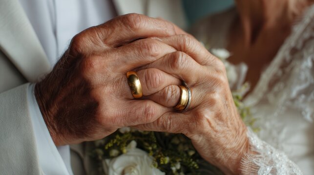 Close up of wrinkled, interlocked hands of elderly couple, both with gold wedding rings (one silver inlay), against soft focus white lace & bouquet. Professional, dry tone.