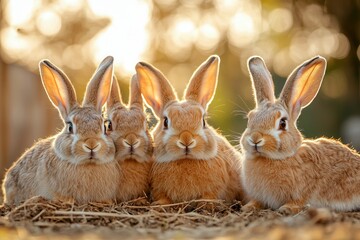 Obraz premium Four brown rabbits with white markings sit close on dry hay, large ears lit by warm backlight, soft bokeh from blurred trees behind.