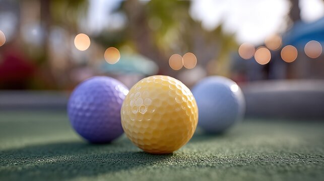 Mini Golf Balls Arranged on the Green During a Sunny Afternoon in a Fun Location