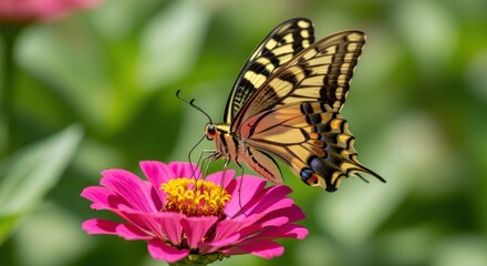 vibrant swallowtail butterfly perched on pink flower in garden with blurred green background