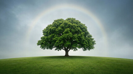 Fototapeta premium Majestic green tree standing on a grass hill under a rainbow, hope and nature beauty landscape. AI generated.