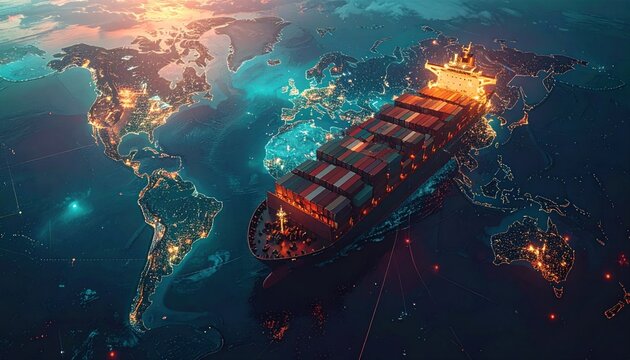 Global trade ship over world map