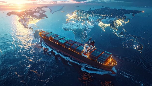 Global shipping cargo ship world map