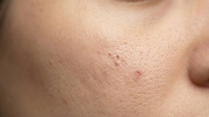 Extreme macro shot of human cheek skin with visible pores and blackheads. Illustrates common dermatological issues and texture. Perfect for medical or skincare educational content.