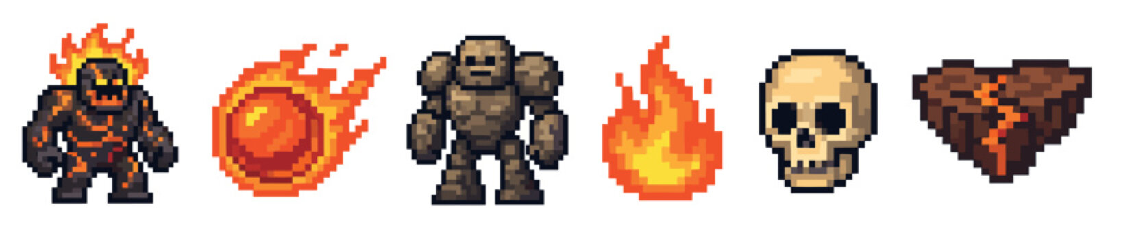 Pixel art fantasy character and element sprites with a lava monster, rock golem, fireball, skull, and a cracked heart icon for a classic video game design