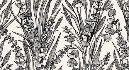 Seamless black and white eucalyptus and lavender floral pattern vector © Ali