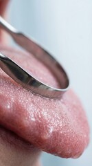 Fototapeta premium Close up shot shows a metal scraper cleaning a human tongue surface. It represents daily oral hygiene and breath care routine. Ideal for dental health and wellness content.