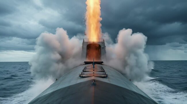 Modern naval submarine missile system activation on ocean surface