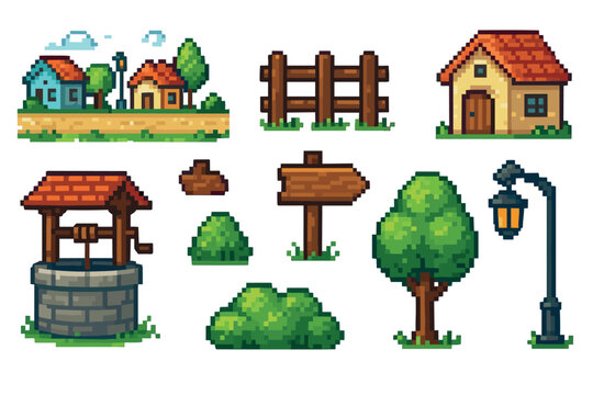 Pixel art game asset collection of village elements featuring houses, a water well, trees, a fence, and a signpost in a classic retro 8-bit or 16-bit video game style