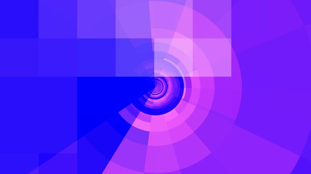 Purple circles and squares in motion. Digital technology, hypnotic form. Geometric shapes intersect.