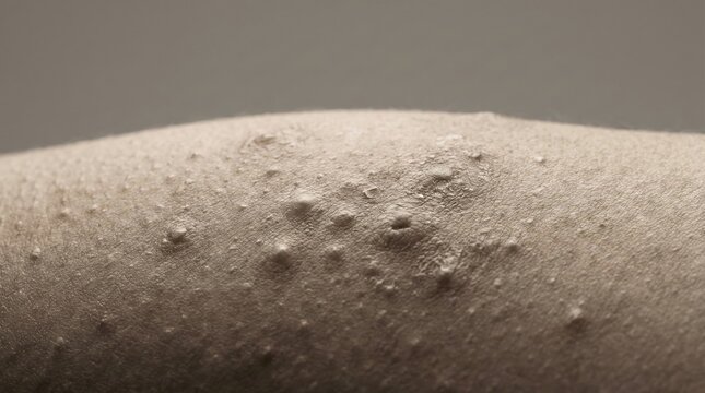 Extreme close up of human skin with small raised bumps. Clinical and detailed view of skin condition. Ideal for medical articles, dermatology blogs, and skincare marketing.
