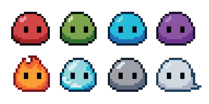 Set of colorful pixel art slime monster characters for a retro video game, featuring different elemental types like fire, ice, and stone in an 8-bit sprite style